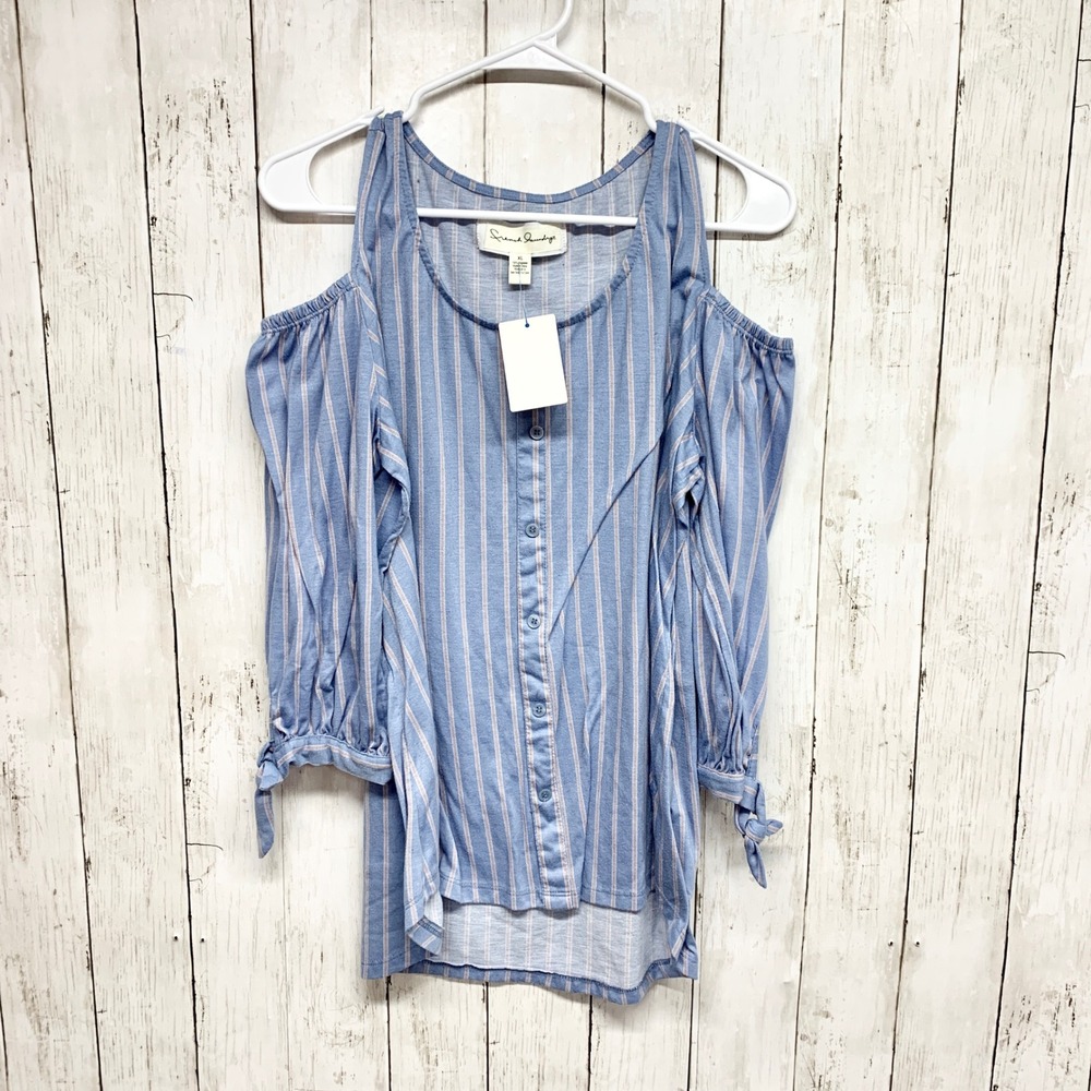 French Laundry‎ Cold Shoulder Striped Blouse Womens Size XL Blue Button Up Top